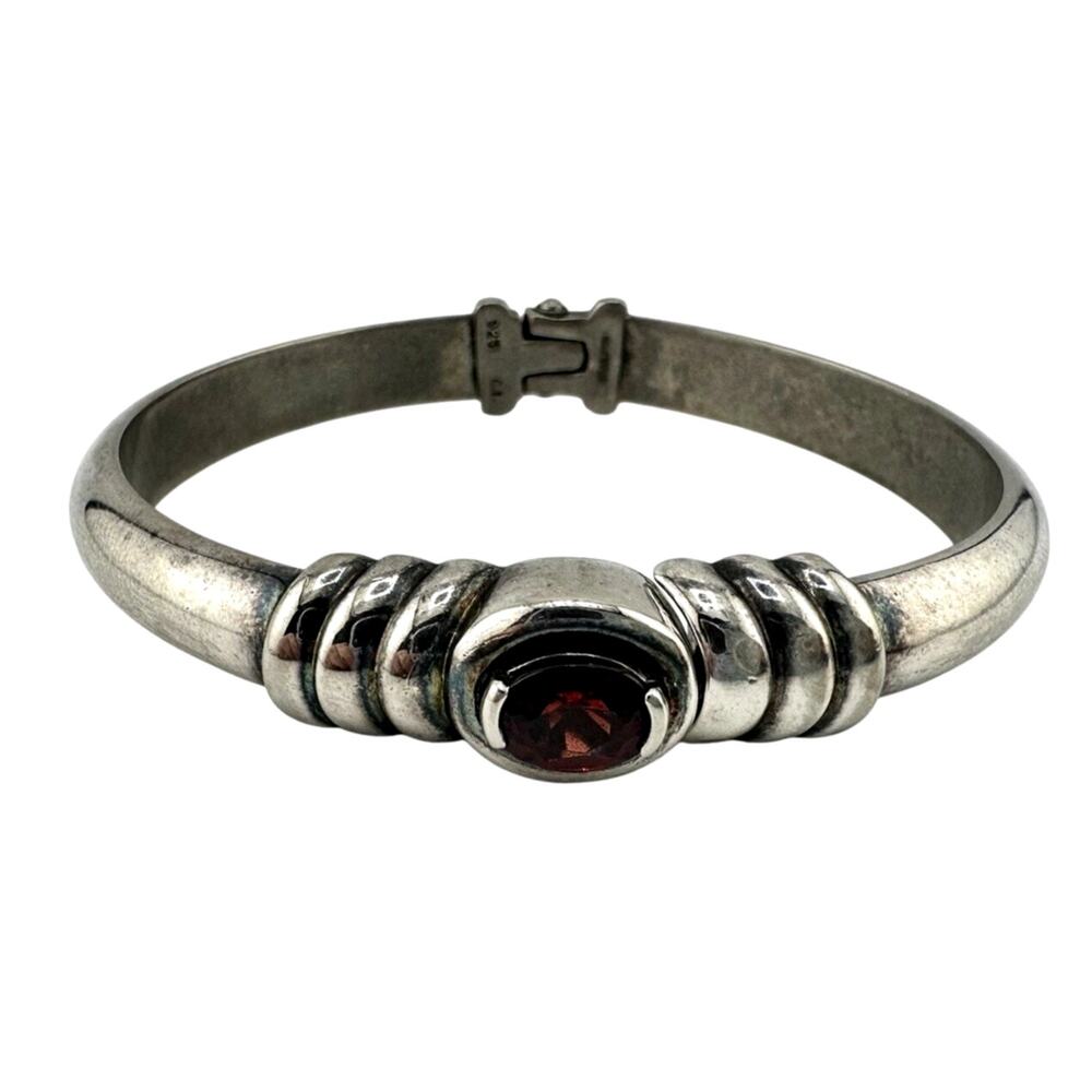 925 Silver Plated Red Cubic Zirconia Thailand Hinged Bangle 6.5” Bracelet